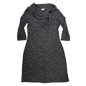 Royal Robbins Wool Blend Knit Dress Large Gray Black Cowl Neck 3/4 Sleeve Floral